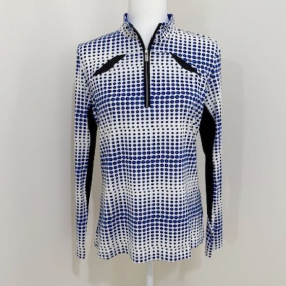 Tail Blue & White Dot Print Mock Neck 1/4 Zip Long Sleeve Athletic Top Size L - Picture 1 of 4